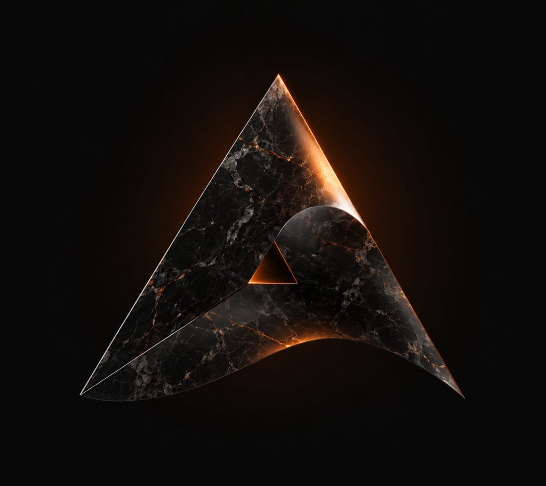 The Allodial folded-A mark rendered in black marble, its fold lit from within by an ember seam.